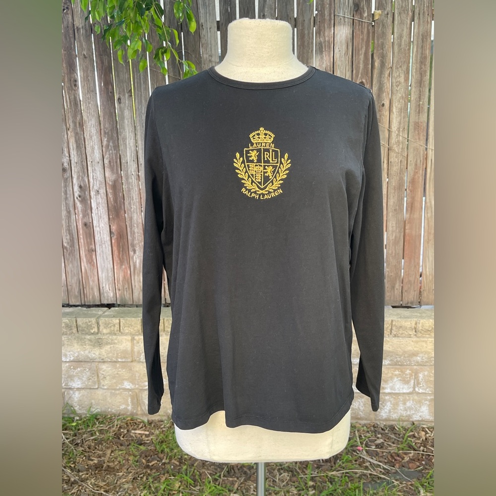 Lauren Ralph Lauren Black Long-Sleeve Tee Gold Crest Logo embroidery preppy XL